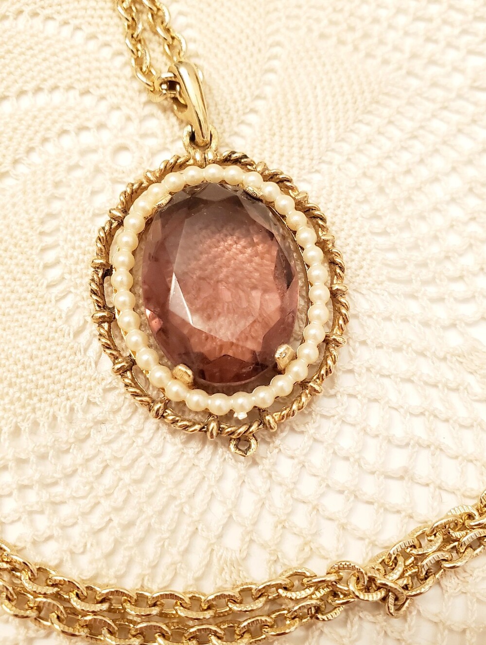 AVON 1970's Gold Necklace with Purple Faceted Gem and Pearl Halo, 28 In Chain
